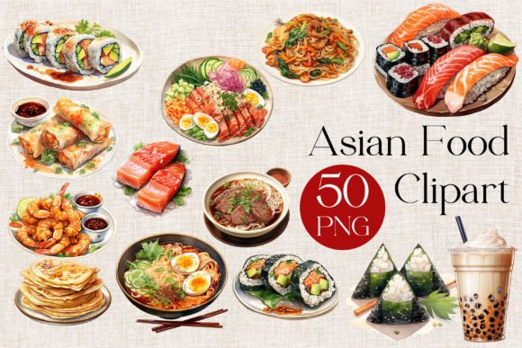 50 Watercolor Asian Food Clipart: A Culinary Design Toolkit