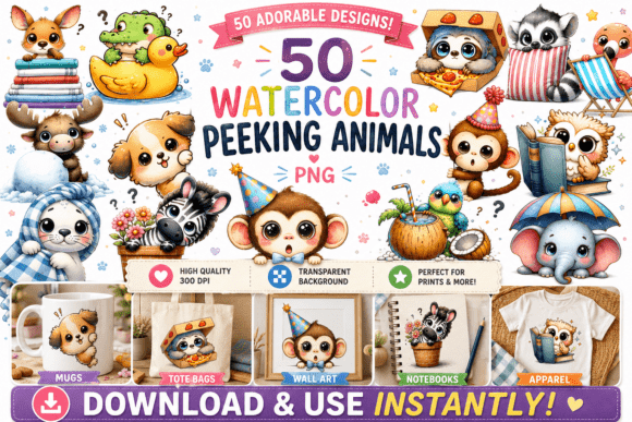 50 Watercolor Wonders: Peeking Animals for Creative Charm