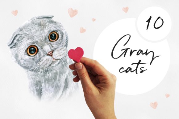Charming Watercolor 10 Gray Cats Illustrations for Creative Projects