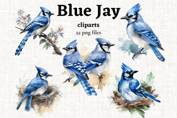 Cute Blue Bird Clipart: 22 Watercolor Blue Jay PNGs