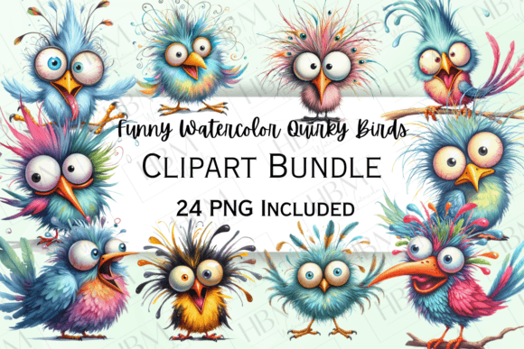 Funny Watercolor Quirky Birds Clipart: A Designer's Playful Asset