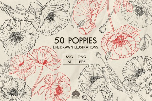 Poppies Line Art Collection: SVG, PNG, EPS for Designers