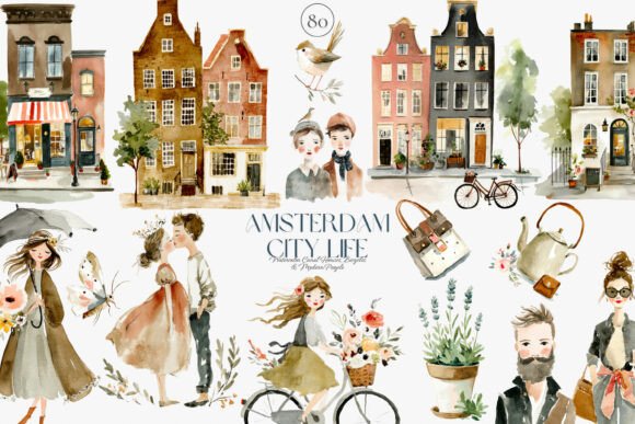 Watercolor Amsterdam City Clipart Set